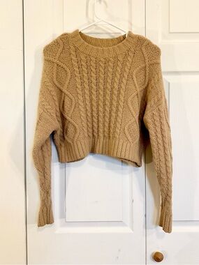 aerie Tan Cable Knit Crewneck Sweater